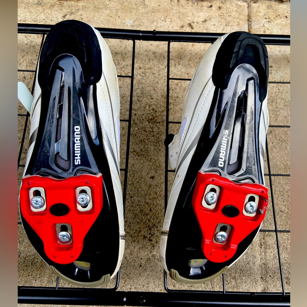 Women’s White Shimano spin shoes for spinning class!